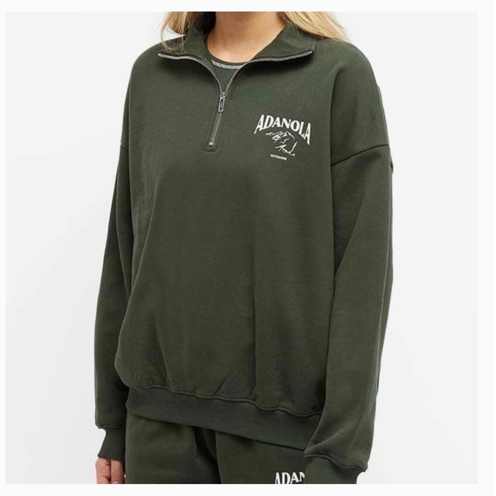 Adanola Outdoors Quarter Zip Sweatshirt Funnel Neck Green Oversized Cotton M